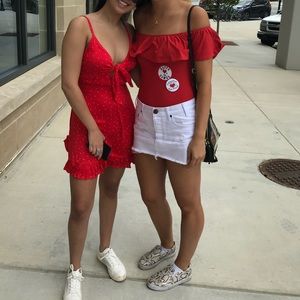 Red off the shoulder j crew body suit
